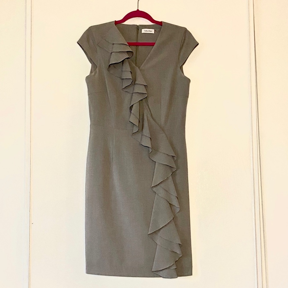 Calvin Klein- gray fitted dress with ruffle